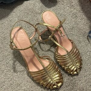 Gold t-strap sandals by J. Crew